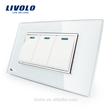 Hersteller Livolo Luxury Weiß Kristallglasscheibe 3 Gang 2 Way Push Button Home Wandschalter VL-C3K3S-81